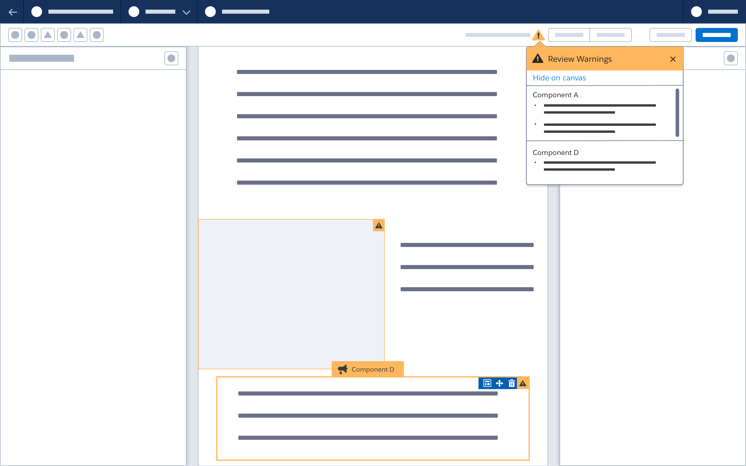 A wireframe showing a warning popover listing issues.